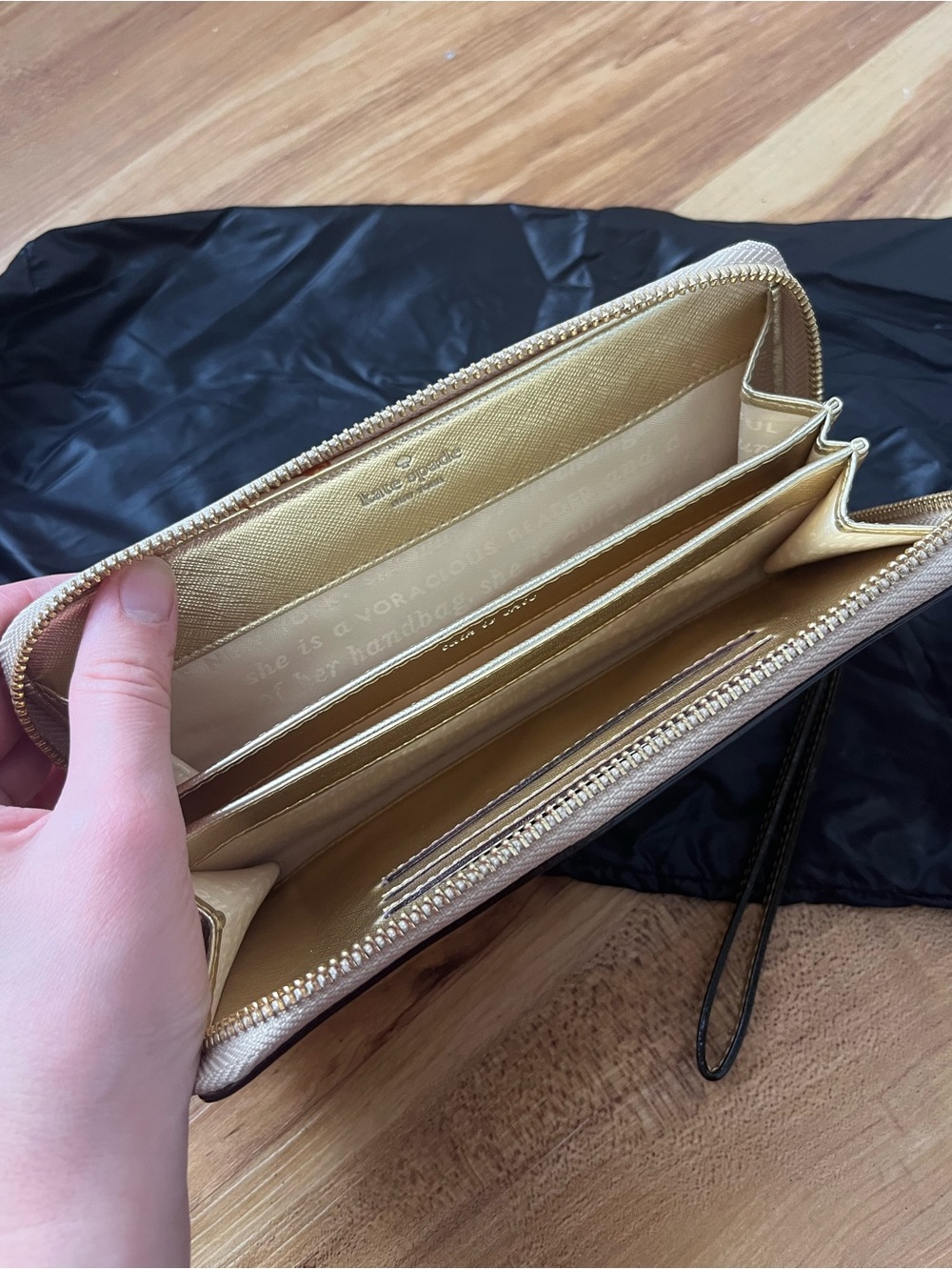 kate spade gold zip-around wristlet wallet with wrist strap